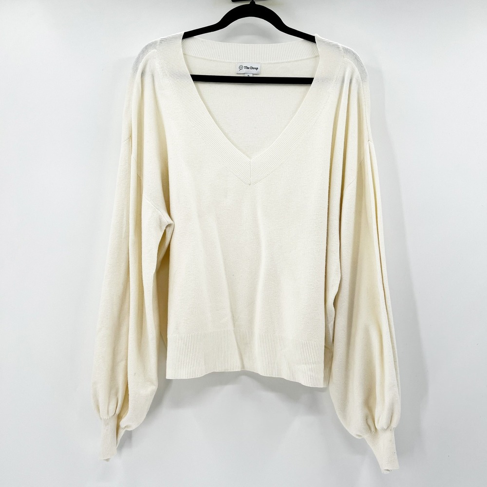The‎ Drop Women Cream V-Neck Balloon Sleeve Relaxed Knit Sweater XL ii01